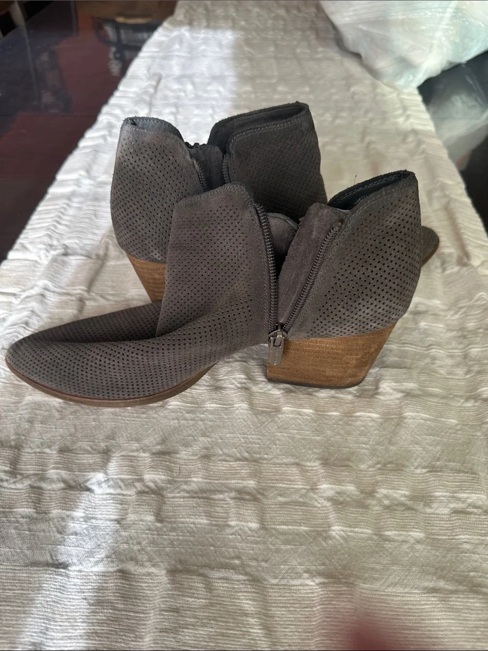 Vince Camuto Perforated Gray Suede Ankle Booties